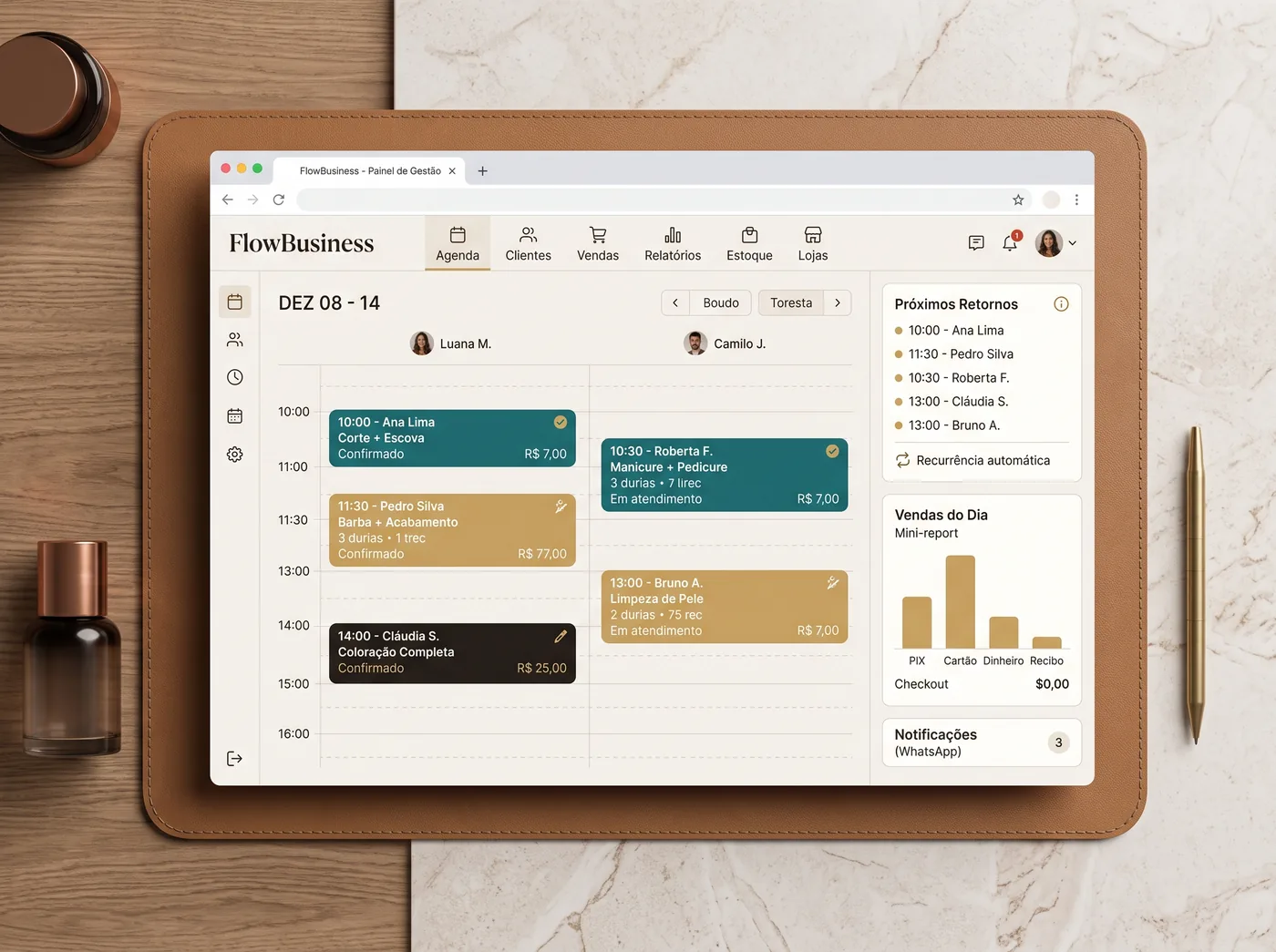 Painel de agenda do FlowBusiness